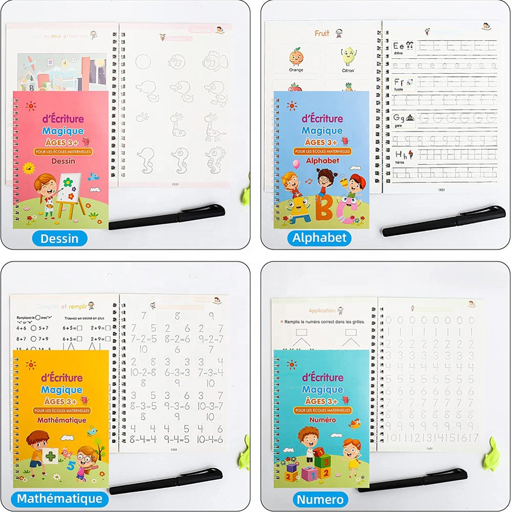Cahiers Magiques Réutilisables d’Écriture – Apprentissage Ludique pour Enfants – 4 Cahiers